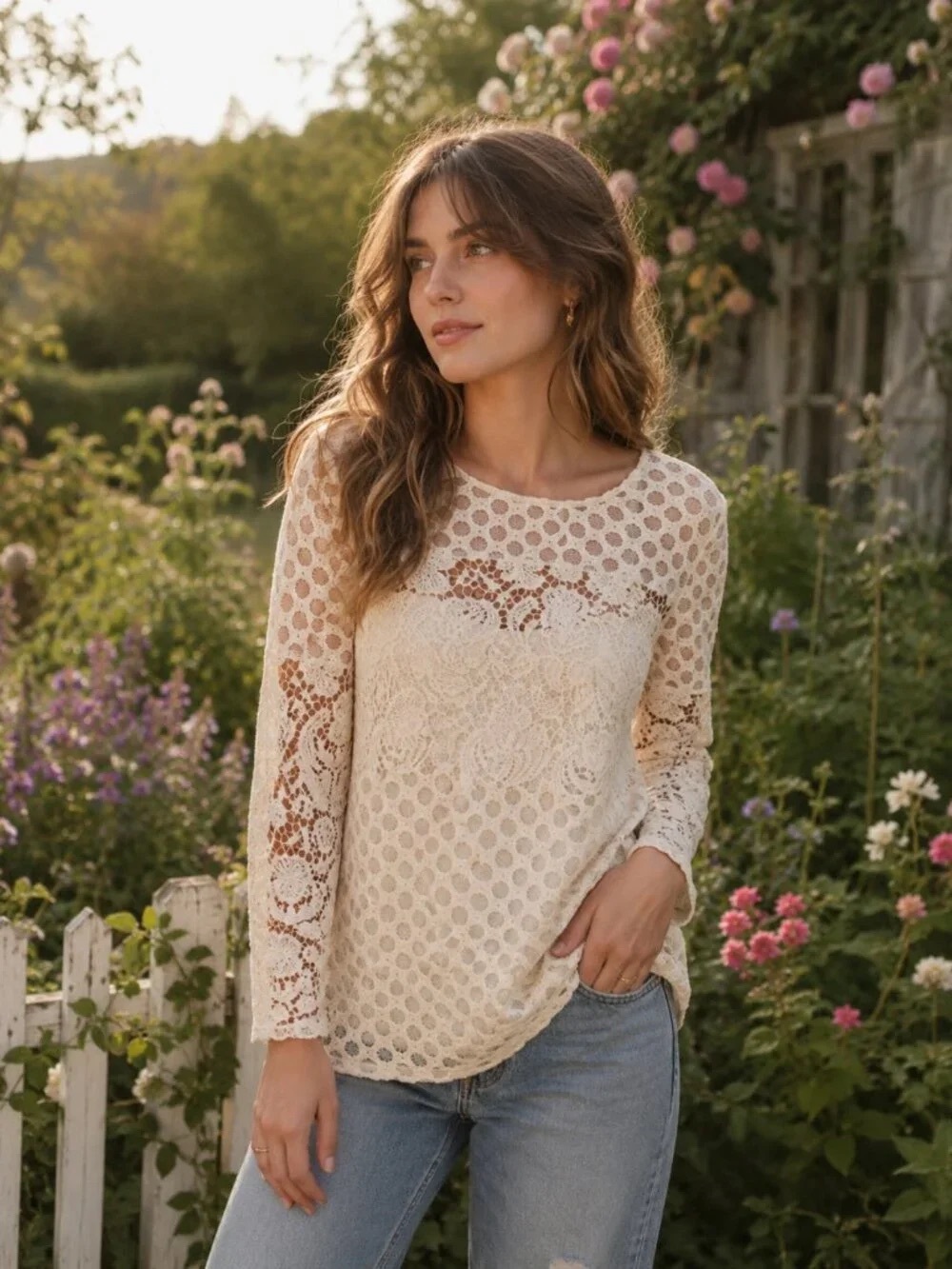 Anthropologie - Sunday in Brooklyn Lace Crochet Long-Sleeve Top in Cream